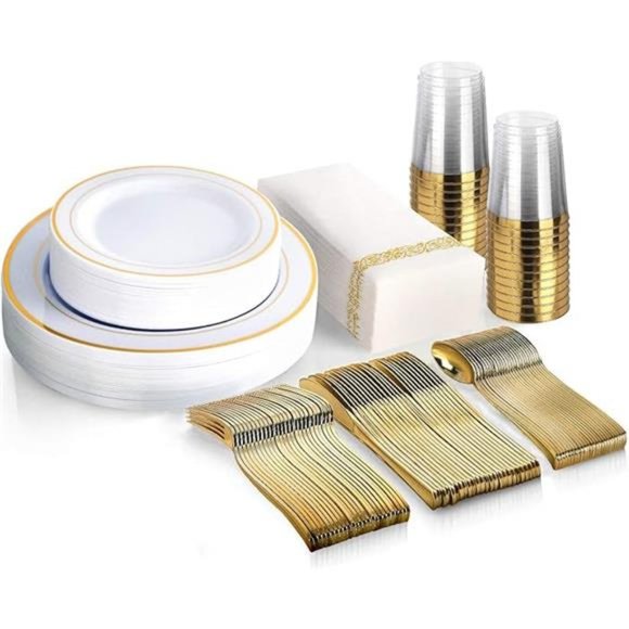 175 Piece Gold Dinnerware Set - 50 Gold Rim Plastic Plates - 25 Gold Silverware - Picture 8 of 8